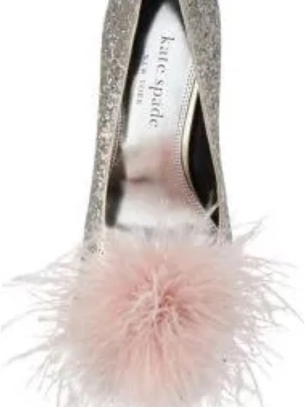 kate spade glitter ballet flats with pink feather pom